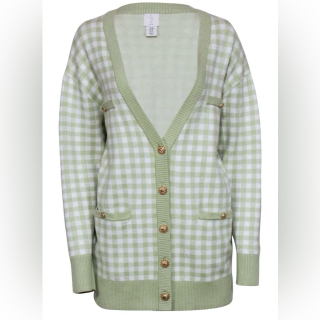 Joie- Light Green & White Gingham Print Cardigan Size L
